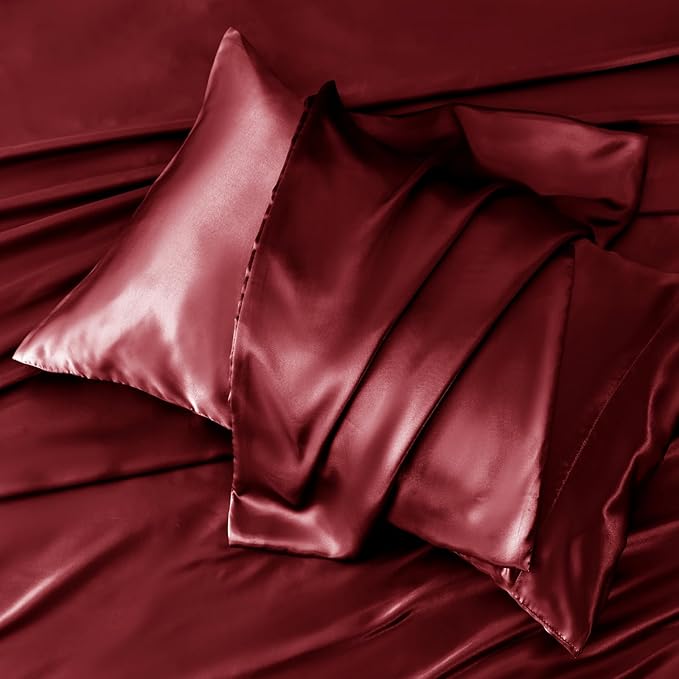 CozyLux Satin Sheets Queen Size Bed Set - 6 Piece Silky Queen Sheet Set, Luxury Burgundy Queen Sheets with Smooth and Soft Microfiber, Includes 1 Fitted Sheet, 1 Flat Sheet and 4 Pillowcases