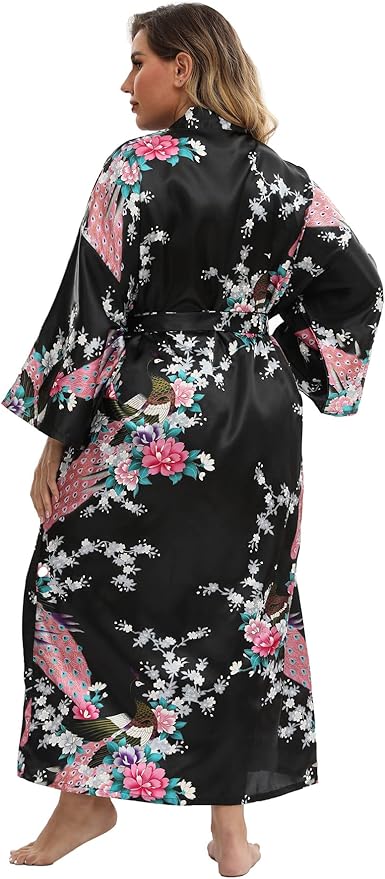 Women's Floral Long Satin Robes Plus Size Long Silk Robes Peacock Floral Kimonos Sleepwear Dressing Gown