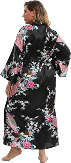 Women's Floral Long Satin Robes Plus Size Long Silk Robes Peacock Floral Kimonos Sleepwear Dressing Gown