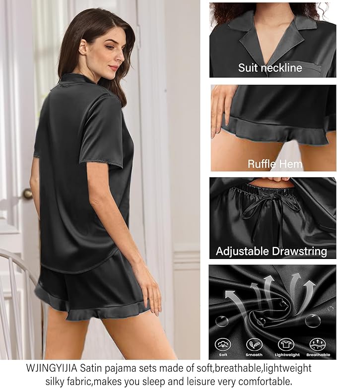 WJing Yi Jia Ruffle Pajama Sets For Women XS-4XL Womens Silk Satin Pajamas Set Silky Sleepwear Pj Sets Nightwear Loungewear