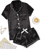 WDIRARA Women's Sleepwear Satin Short Sleeve Shirt and Shorts Pajama Set