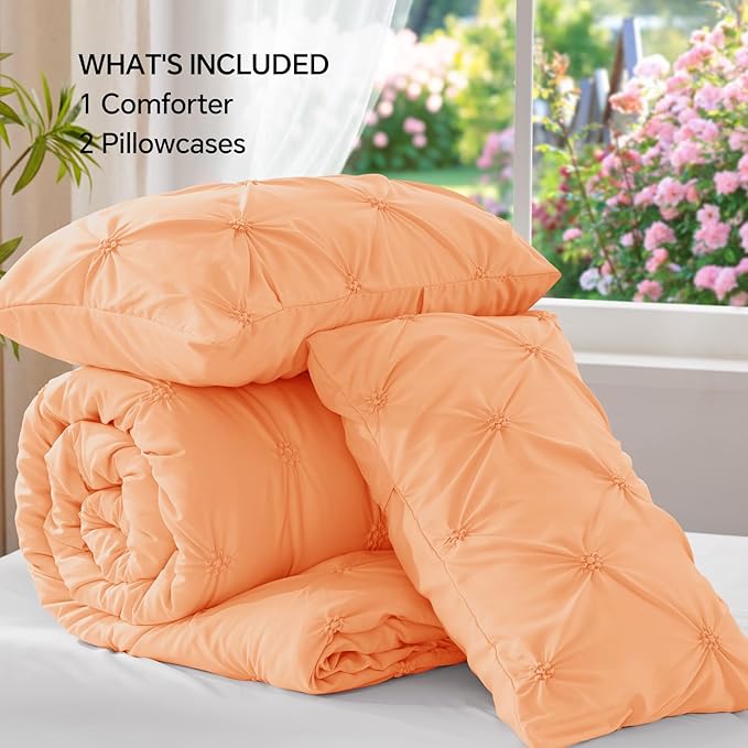 BEDELITE Apricot Queen Comforter Set - 3 Pieces Boho Pintuck Bedding Comforter Sets, Lightweight Soft & Warm Bed Comforter Queen with 2 Pillowcases for All Season