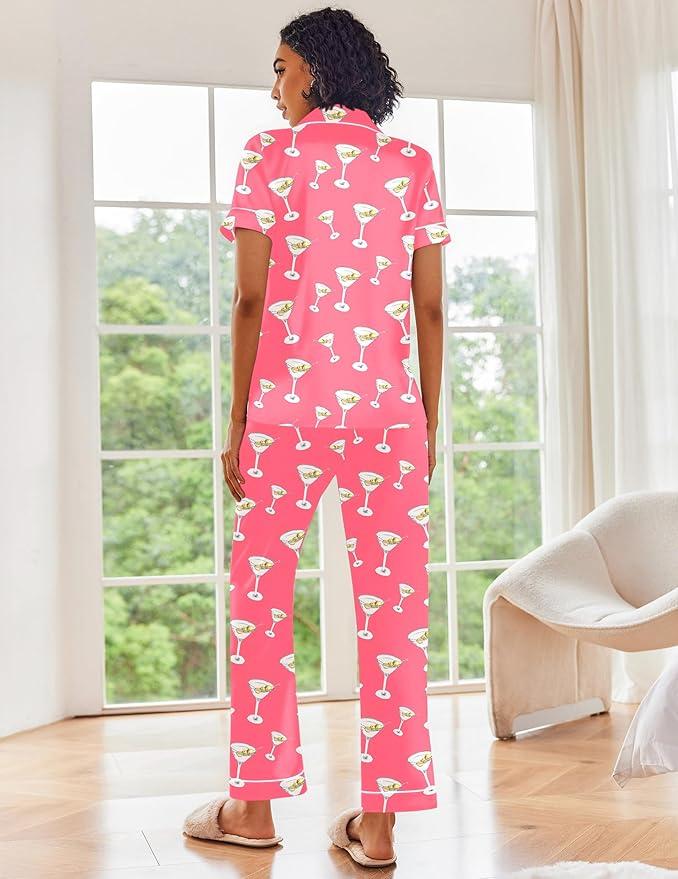 Ekouaer Silk Satin Pajamas Set Women Short Sleeve Sleepwear Soft Button Down Loungewear Pjs Set