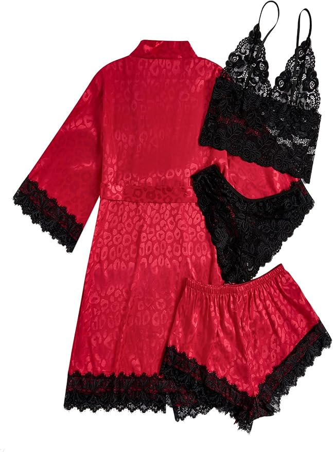 WDIRARA Women' Silk Satin Pajamas Set 4pcs Lingerie Floral Lace Cami Sleepwear with Robe