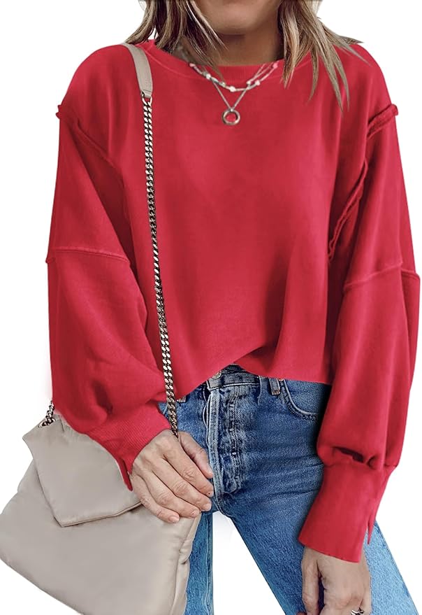 Nirovien Womens Oversized Crewneck Sweatshirt Side Slit Long Sleeve Pullover Slouchy Fit Tops
