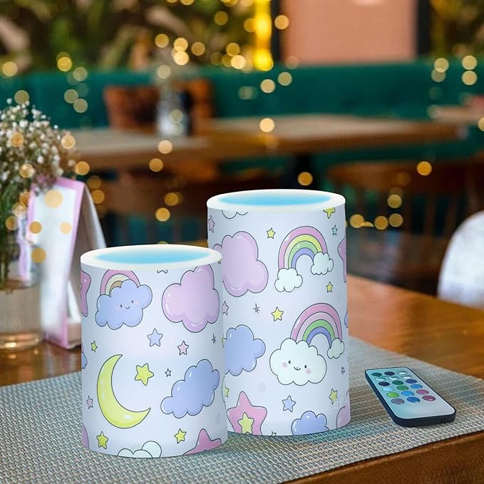 Cute Cartoon Moon Star Purple Peach Decorative Flickering Battery Operated led flameless Candles Electronic Lights unscented with Timer for Dinner Window Battery Powered