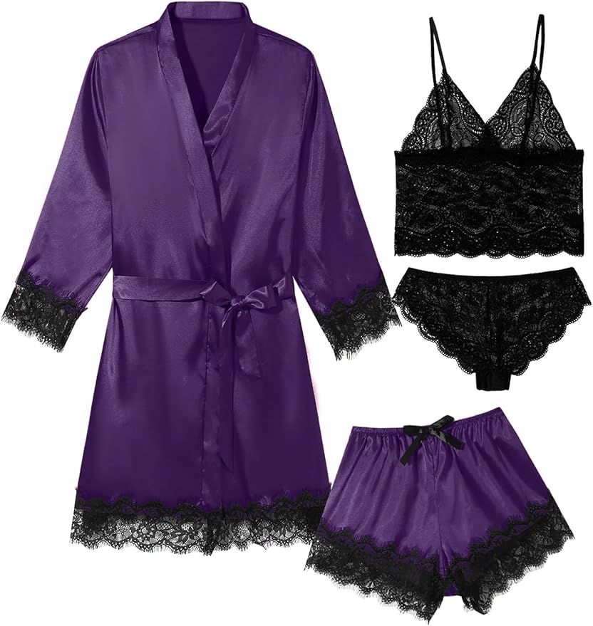 Womens 4 Pcs Lingeries Silk Pajamas Robes Set Sexy Pjs Cami Shorts Satin Sleepwear Lace Loungewear