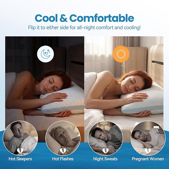 QUTOOL Cooling Pillows for Hot Sleeping, Shredded Memory Foam Pillows Queen Size Set of 1,Adjustable Soft & Firm Gel Bed Pillow for Side, Back, Stomach Sleepers