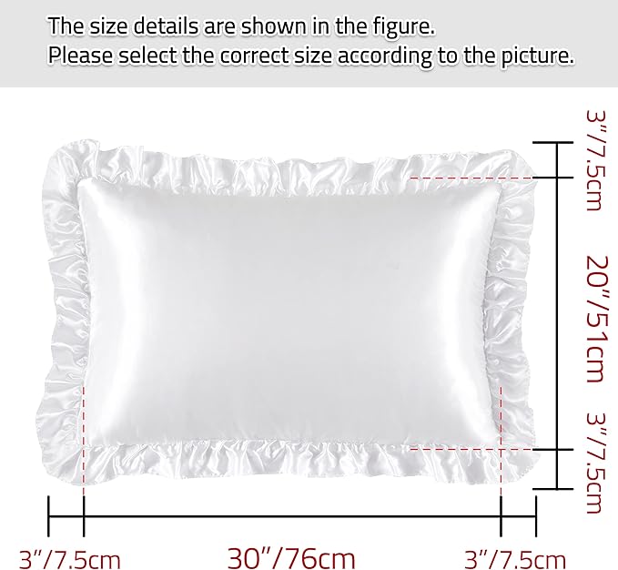 Silky Satin Ruffled Pillow Cases for Hair and Skin,White Silk Pillowcases Queen Set of 2 with Envelope Closure Princess Room Decoration