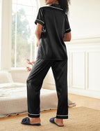 Ekouaer Silk Satin Pajamas Set Women Short Sleeve Sleepwear Soft Button Down Loungewear Pjs Set