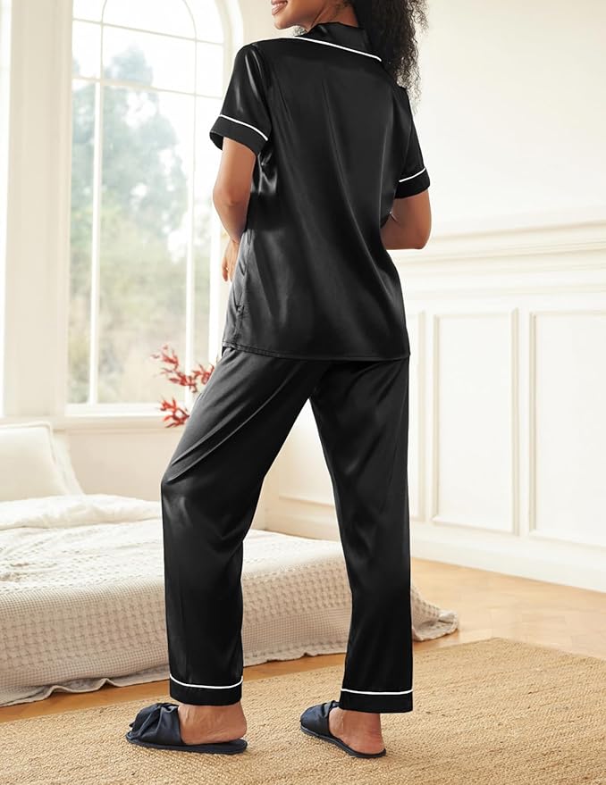 Ekouaer Silk Satin Pajamas Set Women Short Sleeve Sleepwear Soft Button Down Loungewear Pjs Set