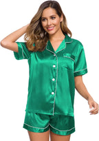 SWOMOG Womens Silk Satin Pajamas Set Short Sleeve Sleepwear Button Down Top and Shorts Loungewear 2 Piece Pjs Set XS-3XL