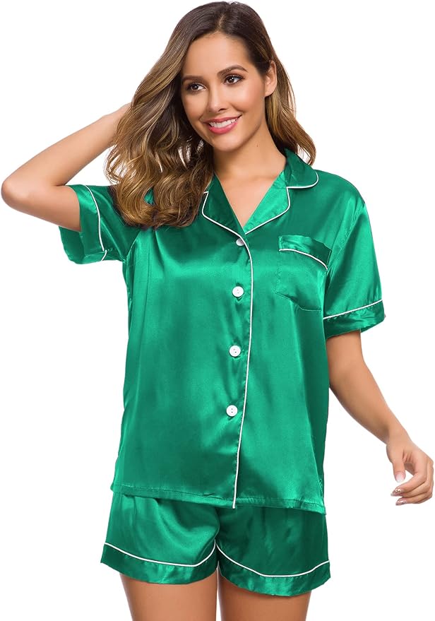 SWOMOG Womens Silk Satin Pajamas Set Short Sleeve Sleepwear Button Down Top and Shorts Loungewear 2 Piece Pjs Set XS-3XL