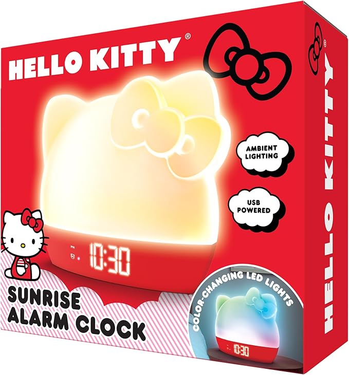 Hello Kitty Sunrise Alarm Clock with Color-Changing RGB LED Night Light – Ambient Lighting, Time/Date/Temperature Display, USB Powered w/Device Charging, Red