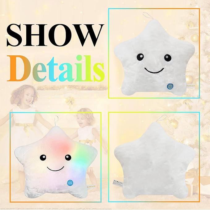 LED Night Light Up Star Pillow for Kids Pillows Stuffed Animals for Girls Boys Children Teens Adults Plushie Birthday Christmas Holiday Valentines Doll Gifts,Glow in The Dark Toys Plush White