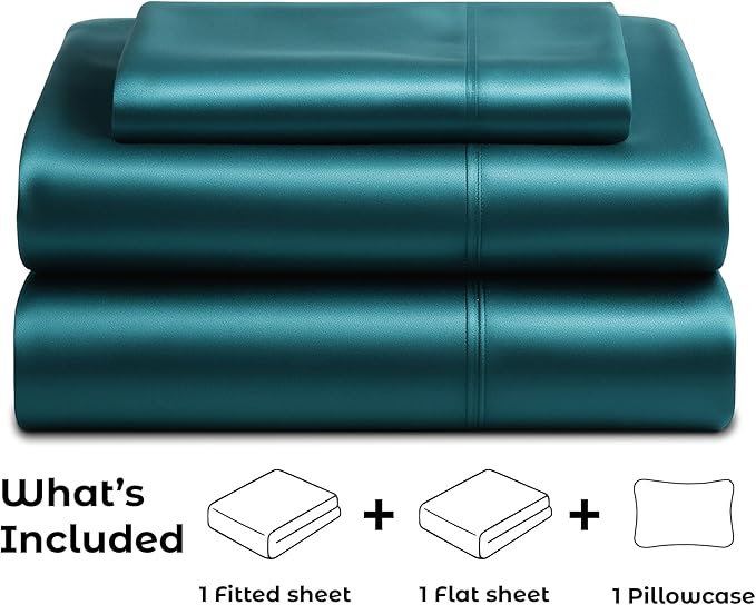 Pure Bedding Satin Sheets Twin [3-Piece, Teal] Hotel Luxury Silky Bed Sheets - Extra Soft 1800 Microfiber Sheet Set, Wrinkle, Fade, Deep Pocket Fitted Sheet, Flat Sheet, Pillow Cases