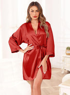 Women's Robes Satin Bathrobe Lightweight Short Silk Kimono V-Neck Bride Bridesmaids Loungewear