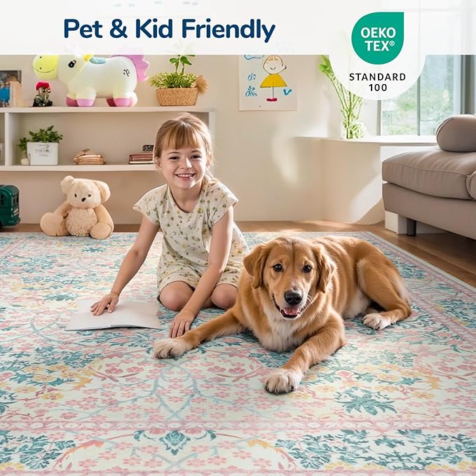 Lessymo 9x12 Washable Rug for Living Room, Soft Pink Area Rugs for Bedroom Dining Room Nursery, Boho Non Slip Forest Design Large Carpet Distressed Retro Indoor, Pink Green
