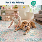 Lessymo Bedroom Rug 5x7 Area Rug for Living Room, Vintage Washable Floral Floor Mat Pink Rugs for Girls, Low Plie Non Skid Indoor Boho Forest Rugs for Nursery Dining Room, Pink Green