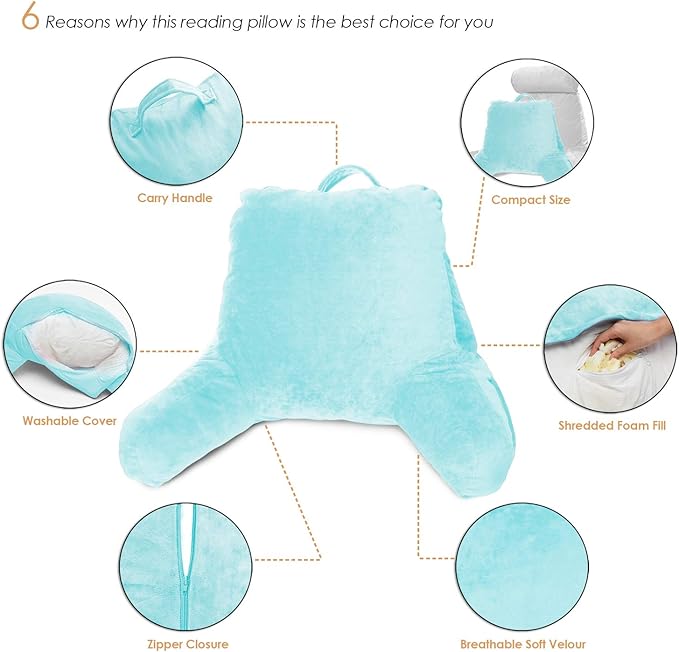 Clara Clark Reading Pillow for Kids & Teens with Shredded Memory Foam, Backrest Pillows for Reading, Watching, and Gaming, Use on The Couch, Bed, or Floor Adjustable Support, Washable Cover Light Blue
