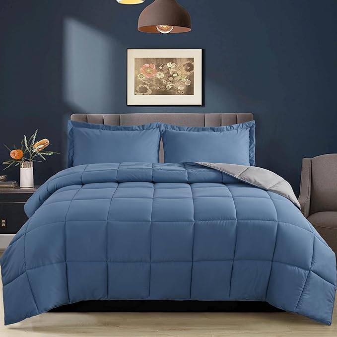 HIG 3pc Dusty Blue Full Size Comforter Set - All Season Reversible Down Alternative Comforter with Two Shams - Quilted Duvet Insert with Corner Tabs - Box Stitched Blanket - Breathable, Soft, Fluffy