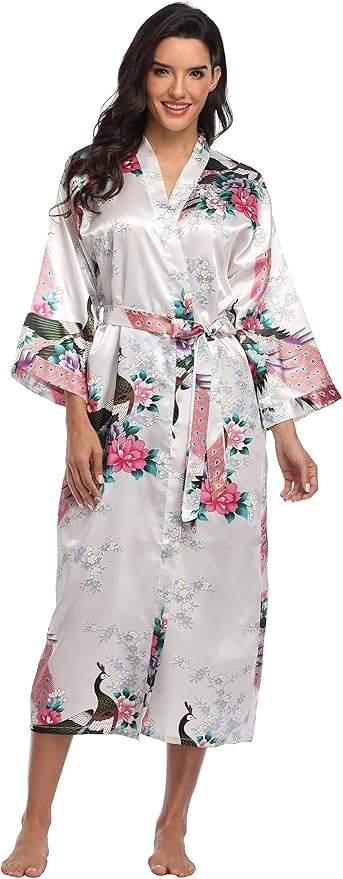 Valennia Women Long Silky Bathrobe Satin Kimono Robe Floral Printed Dressing Gown Sleepwear