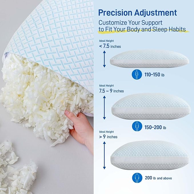 Alkyonos Shredded Memory Foam Cooling Soft Pillow King Size, Adjustable Hypoallergenic Hotel Quality Pillow for Back, Side and Stomach Sleeper, Bamboo Viscose Cover, Oeko-TEX Certified