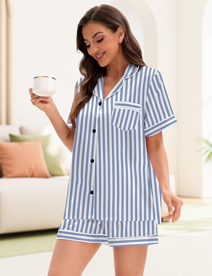 EPLAZA Silk Pajamas for Women Satin Pajamas Set 5 Pcs Long Sleeve Print Pattern Button Down Pjs Sleepwear Loungewear Set