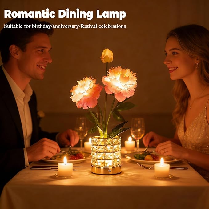 Flower Table Lamp, Orchid Flower with Crystal Vase Lamp, Cordless Touch Desk Light, 3 Colors Dimming & Rechargeable, Small Night Light for Bedroom Home, Romantic Gifts for Girl Women (Peony-Pink)