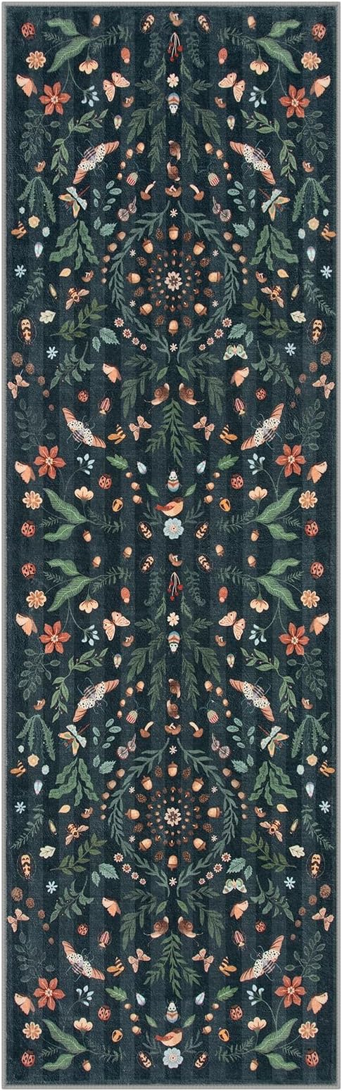 Lahome Insect Botanical 2'6"x8 Washable Black Hallway Runner Rug,Kitchen Runner Rugs Non Skid Bathroom Carpet Runners,Soft Non-Slip Indoor Rug Runners for Entryway Laundry Bedroom(Black,2'6"x8)