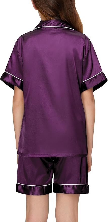 EPLAZA Kids Satin Pajamas Sets Girls Boys Button-Down Silky Pajamas Sleepwear with Hairband Eye Mask Hair Tie