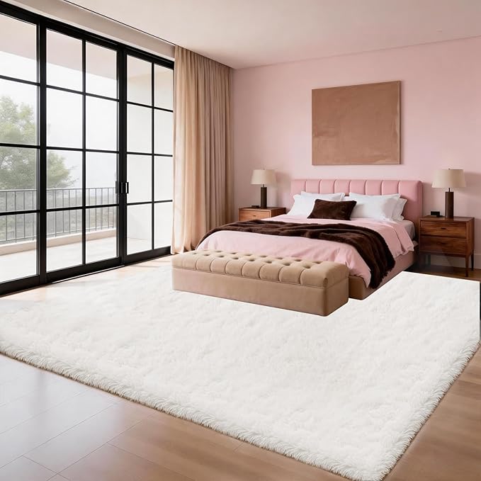 Soft Shag Area Rugs for Living Room 5x7 White, Fluffy Furry Shaggy Fuzzy Area Rug, Upgrade Non-Slip Rectangular Shag Carpet, High Pile Soft Throw Rug for Bedroom and Kids Room, Home Decor Aesthetic