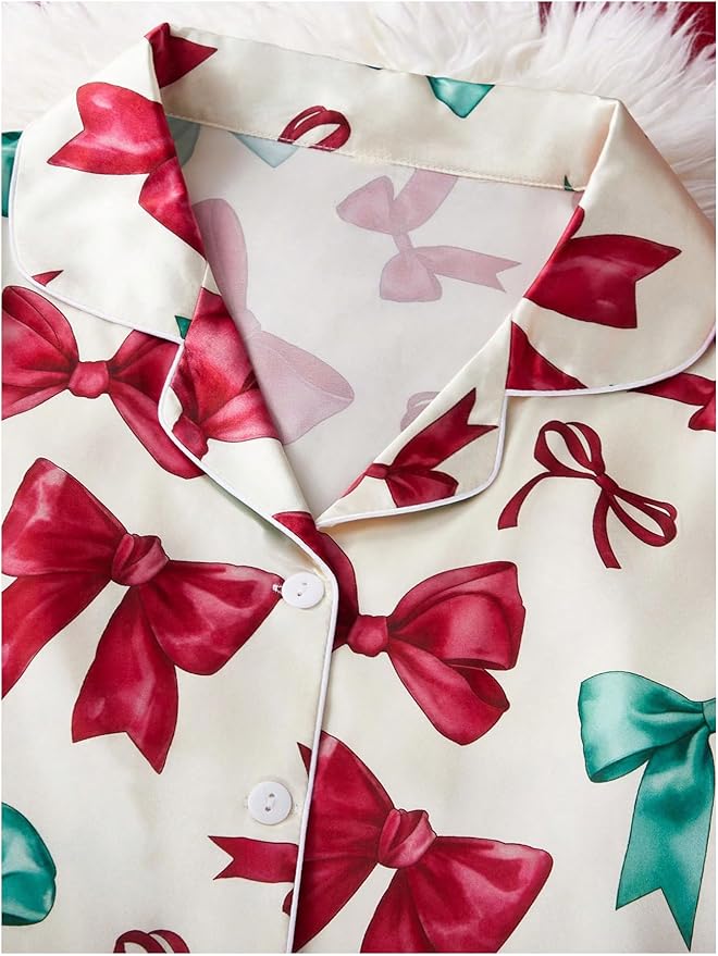 WDIRARA Women's 2 Piece Bowknot Print Satin Pajama Set Long Sleeve Button Down Lounge Pants Sleepwear Sets