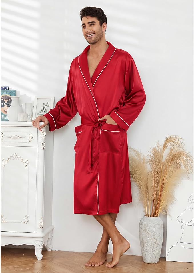 Vulcanodon Men’s Satin Robe Lightweight,Men's Luxurious Silk Kimono Bathrobe
