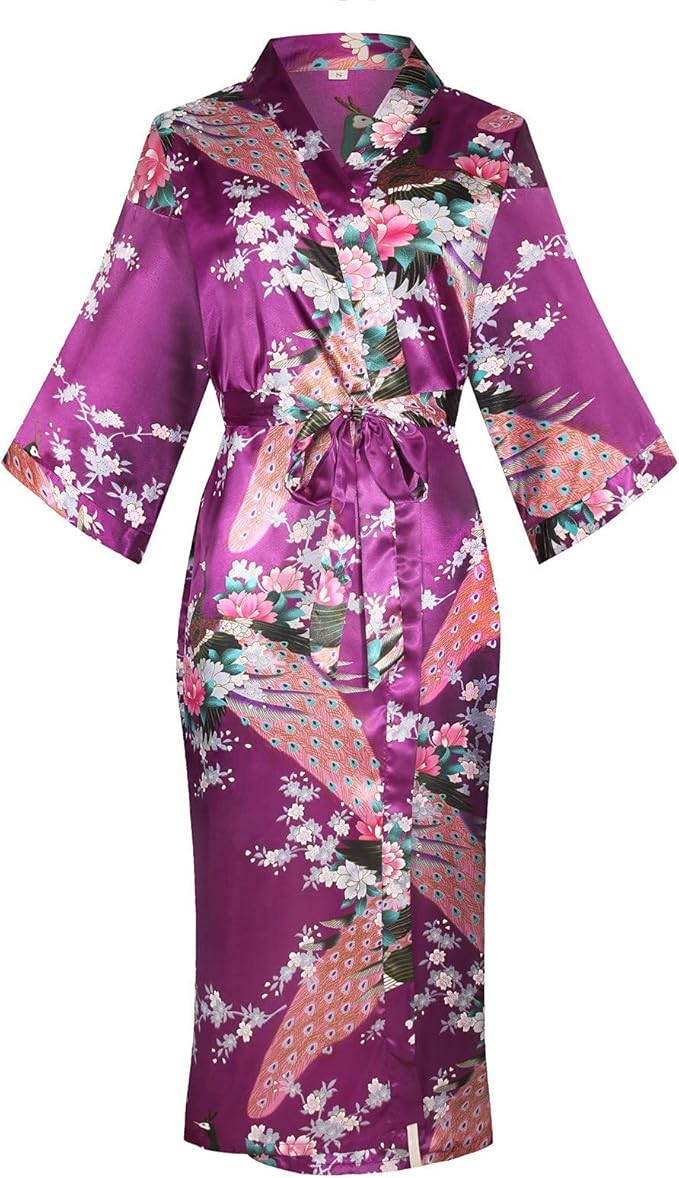 Valennia Women Long Silky Bathrobe Satin Kimono Robe Floral Printed Dressing Gown Sleepwear