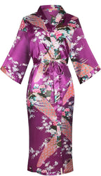 Valennia Women Long Silky Bathrobe Satin Kimono Robe Floral Printed Dressing Gown Sleepwear