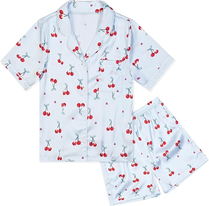 QPANCY Kids Satin Pajamas Sets Baby Boy Girl Button-Down Silk Sleepwear 2 Piece Short Sleeve Loungewear Clothes Set