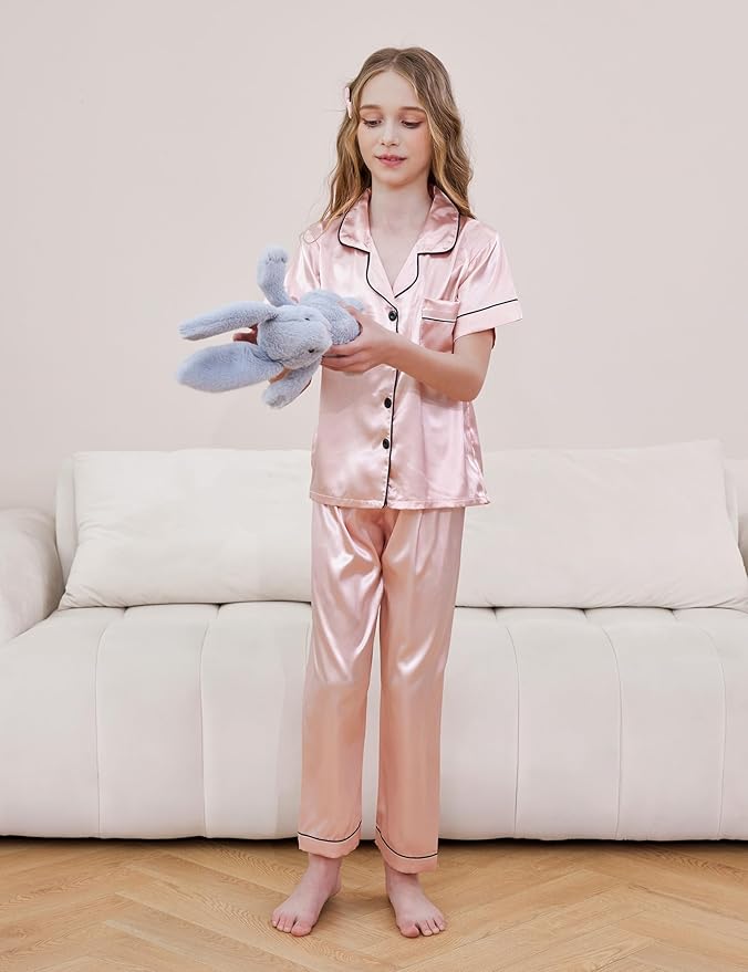 DIPUG 3 Piece Girls Silk Pajamas Set Soft Satin PJs Sleepwear for Comfortable Nights