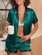 Ekouaer Womens Silk Satin Pajamas Set Short Sleeve Sleepwear Button Down Loungewear 2 Piece Pjs Shorts Set