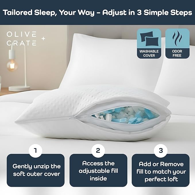 Olive + Crate BreathePure™ Adjustable Cooling Shredded Memory Foam Pillow - Breathable Bamboo Viscose Cover for Temperature Control - Gel Pillows for Side Sleepers - Queen Size
