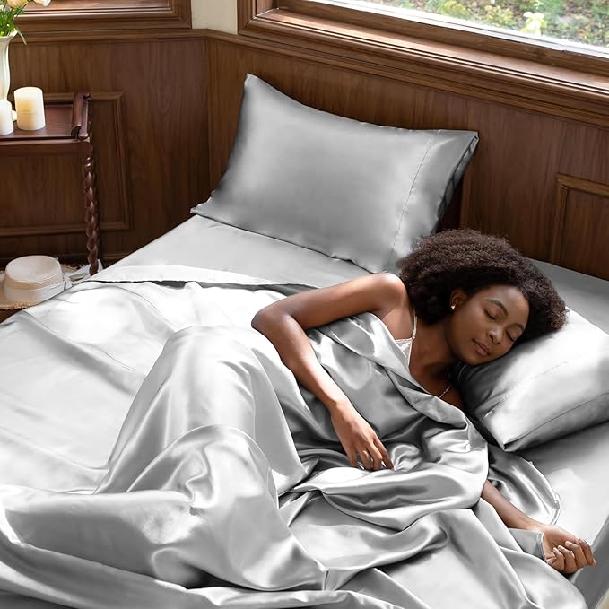 CozyLux Satin Sheets Queen Size Bed Set - 6 Piece Silky Queen Sheet Set, Luxury Light Grey Queen Sheets with Smooth and Soft Microfiber, Includes 1 Fitted Sheet, 1 Flat Sheet and 4 Pillowcases
