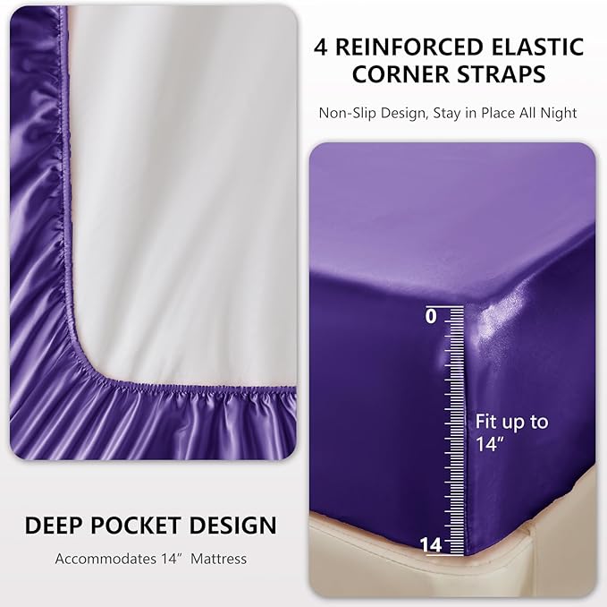 CozyLux Satin Sheets King Size Sheet Set - 4 Piece Silky King Sheets, Luxury Purple King Bed Set with Smooth and Soft Microfiber, Includes 1 Fitted Sheet, 1 Flat Sheet and 2 Pillowcases