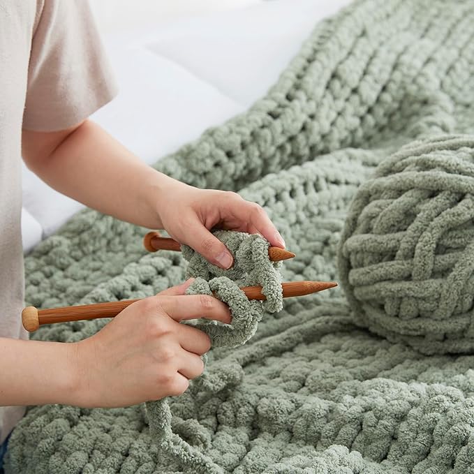 Amélie Home Chunky Knit Throw Blanket for Couch, Soft Chenille Handmade Crochet Throw Rope Knot Blanket for Couch, 50"x60", Sage Green