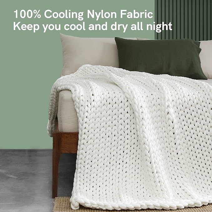 YnM Cooling Weighted Blanket, Handmade Chunky Yarn Knitted Design, Temperature Regulating and Breathable, Machine Washable Throw for Sleep or Home Decor (White, 50x60 Inch, 10lbs)