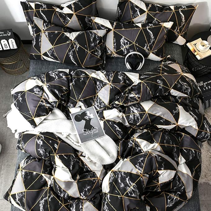CLOTHKNOW Black White Marble Comforter Set King Triangle Plaid Bedding Sets All Season Geometric Comforter