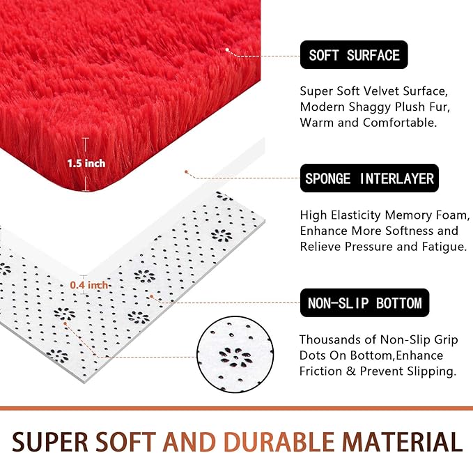 DETUM Red Rug 3x5 Feet - Fluffy Red Area Rugs for Bedroom Shaggy 3' X 5' Living Room Rug Soft Rugs for Kids Room Non-Slip Nursery Office Dorm Washable Carpets Home Decor