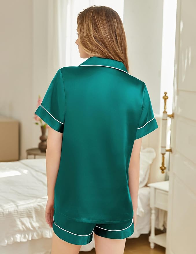 Silk Pajamas for Women Short Sleeve Sleepwear Soft Button Down Loungewear 2 Piece Satin Pjs Shorts Set S-XXL