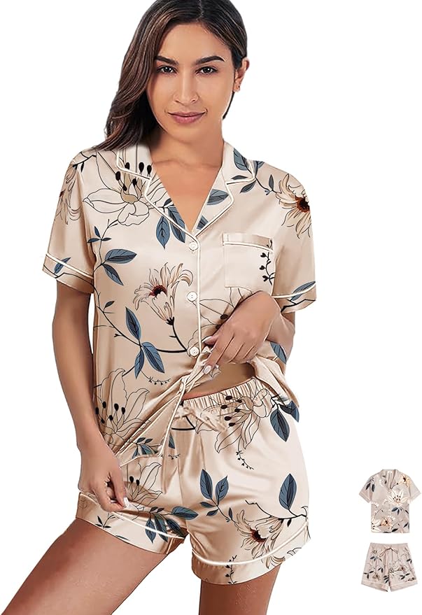 WJing Yi Jia Womens 3Pcs Satin Pajamas Set Floral Silk Pajama Sets Stripe Lounge Set Silky Sleepwear XS-2XL Pjs Long Scarves