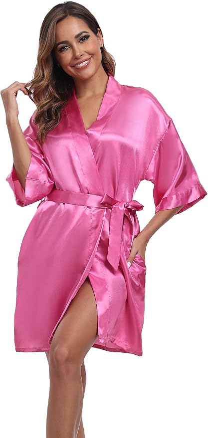 Women's Short Satin Robes Silky Bathrobe Bridesmaid Sleepwear for Wedding Party Getting Ready Solid Color