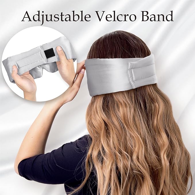 Zenssia 100% Mulberry Silk Sleep Mask Eye Mask for Man and Woman with Adjustable Headband, Full Size Large Sleep Mask & Blindfold for Total Blackout for All Night Sleep, Travel & Nap-Silvergrey